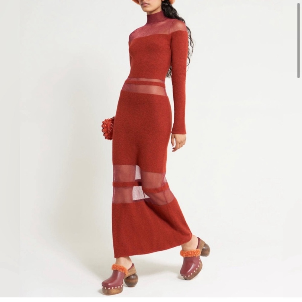 Cult Gaia Ebony Knit Maxi Dress Sheer Long Sleeve Red Burgundy Sweater Wool XS